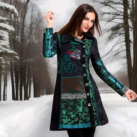 Desigual Womens 38 Jacket Peacock Patchwork Peacoat US 8 - Picture 1 of 12